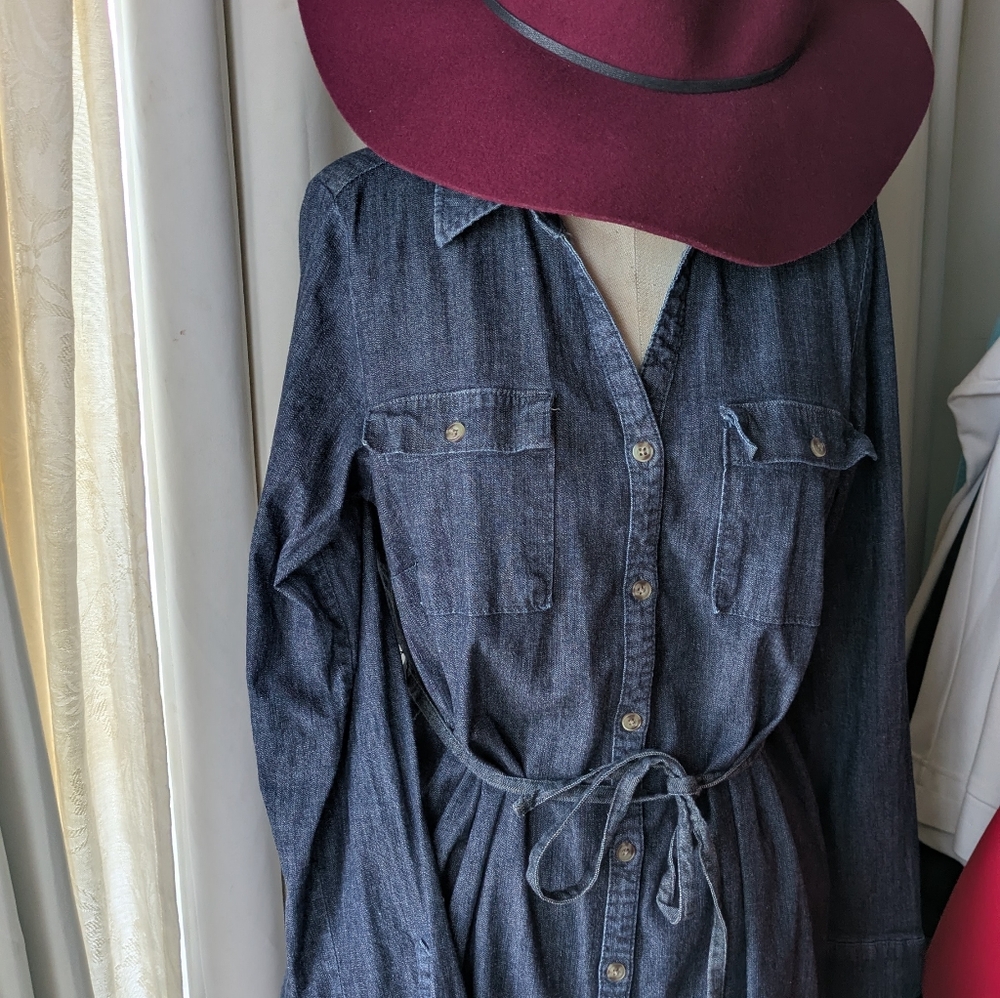 Dark Denim Long-Sleeve Button Shirt Dress. Shacket